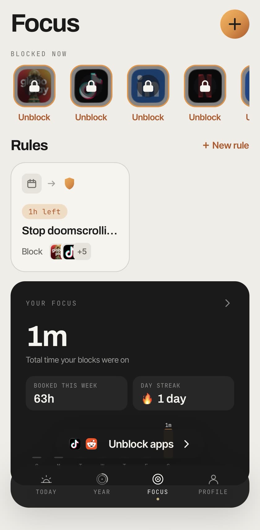 Norte Focus tab: blocked apps behind locks, rules, and total focus time