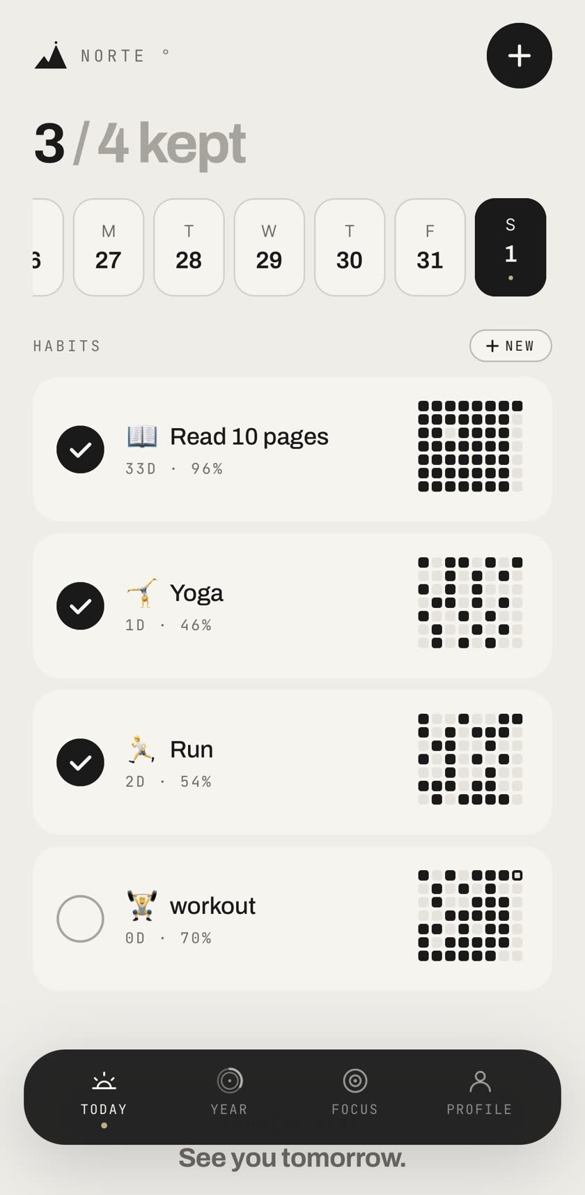 Norte Today tab: habit list with checkmarks and mini heatmaps