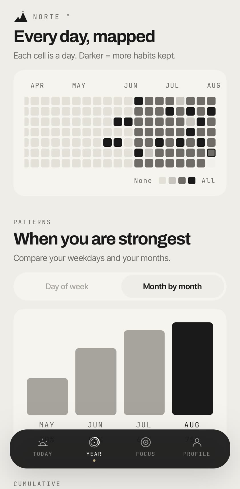 Norte Year tab: annual heatmap where each cell is a day